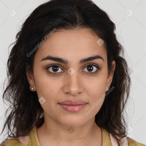 Joyful latino young-adult female with medium  brown hair and brown eyes