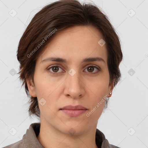 Neutral white young-adult female with short  brown hair and brown eyes