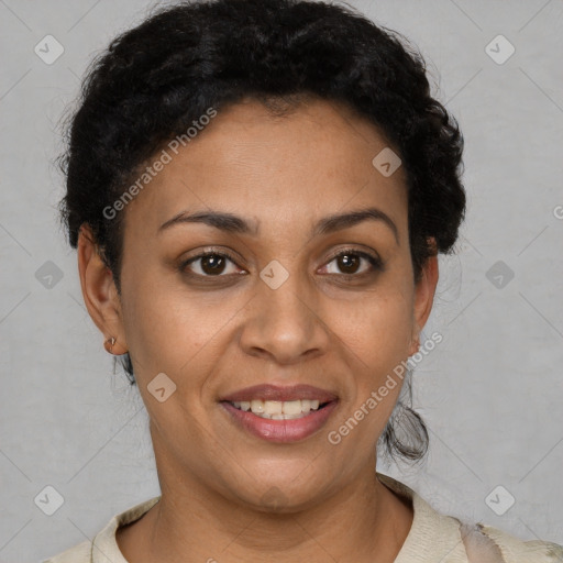 Joyful latino young-adult female with short  black hair and brown eyes