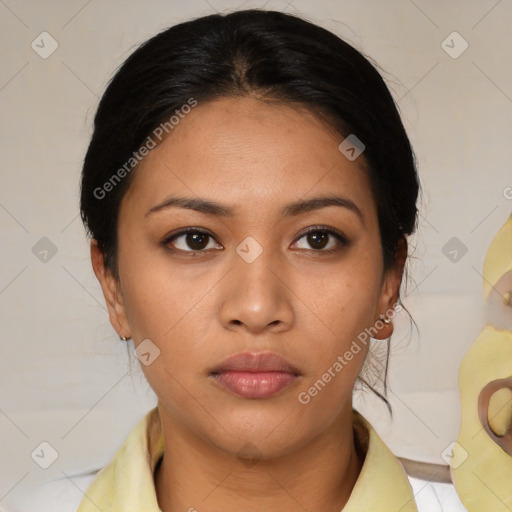 Neutral asian young-adult female with medium  brown hair and brown eyes