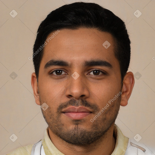 Neutral latino young-adult male with short  black hair and brown eyes