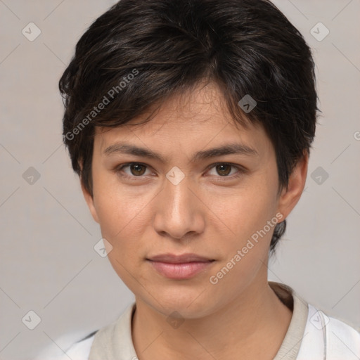 Joyful white young-adult female with medium  brown hair and brown eyes