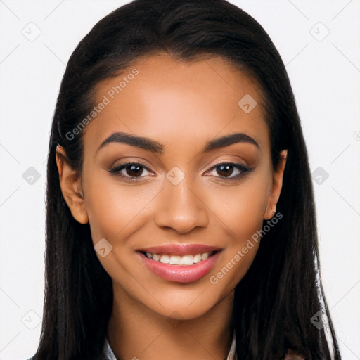 Joyful latino young-adult female with long  black hair and brown eyes