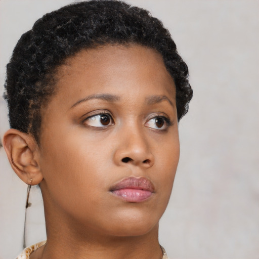 Neutral black young-adult female with short  brown hair and brown eyes