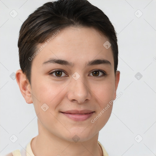 Joyful white young-adult female with short  brown hair and brown eyes