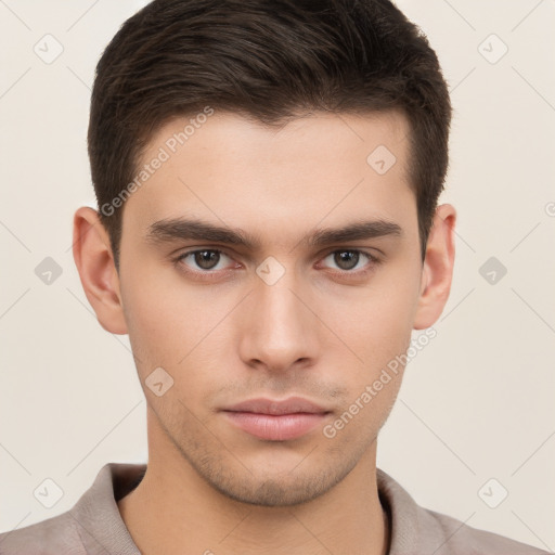 Neutral white young-adult male with short  brown hair and brown eyes