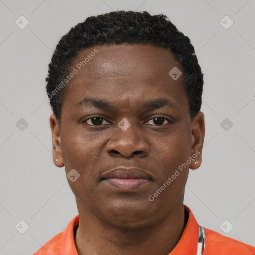 Neutral black young-adult male with short  black hair and brown eyes