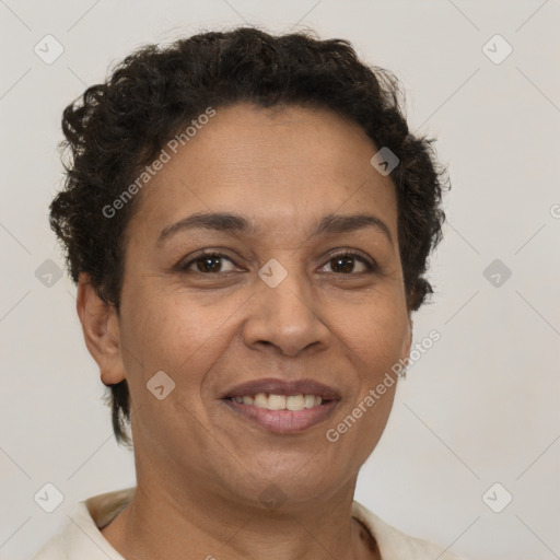 Joyful white adult female with short  brown hair and brown eyes