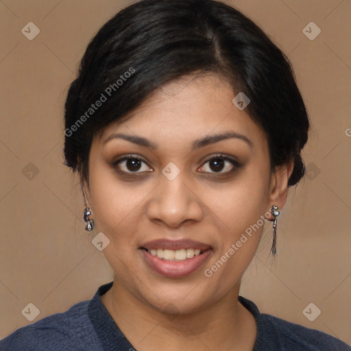 Joyful latino young-adult female with medium  black hair and brown eyes