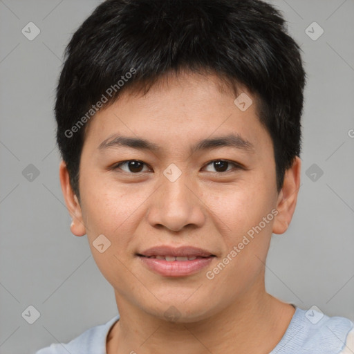 Joyful asian young-adult male with short  brown hair and brown eyes