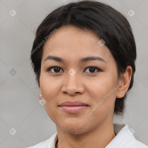 Joyful asian young-adult female with medium  brown hair and brown eyes