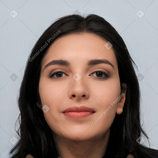 Neutral latino young-adult female with long  black hair and brown eyes