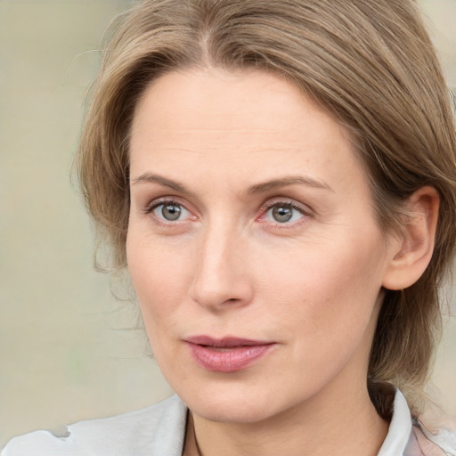 Joyful white adult female with medium  brown hair and grey eyes