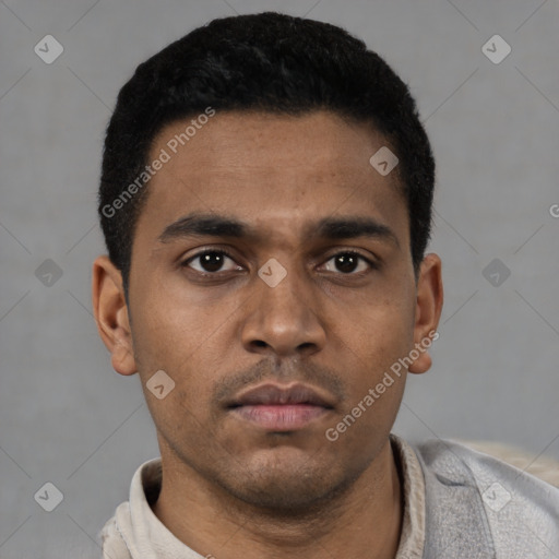Neutral latino young-adult male with short  black hair and brown eyes