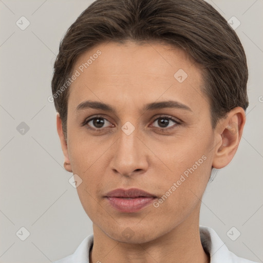 Joyful white young-adult female with short  brown hair and brown eyes