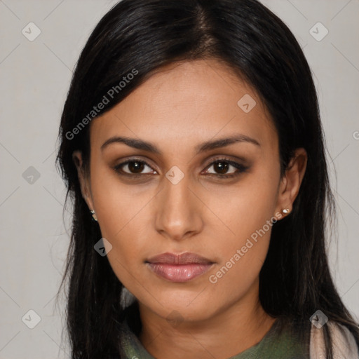 Neutral asian young-adult female with long  black hair and brown eyes