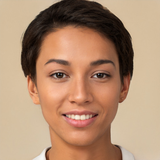 Joyful white young-adult female with short  brown hair and brown eyes