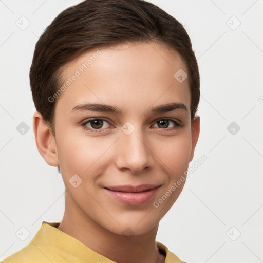 Joyful white young-adult female with short  brown hair and brown eyes