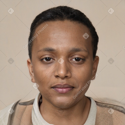 Neutral black young-adult female with short  black hair and brown eyes