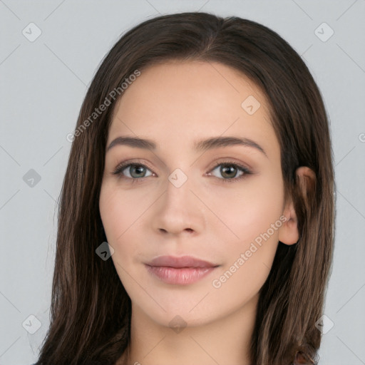 Neutral white young-adult female with long  brown hair and brown eyes