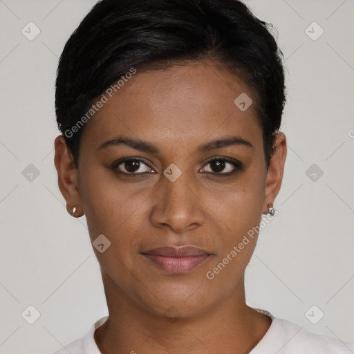 Joyful latino young-adult female with short  brown hair and brown eyes