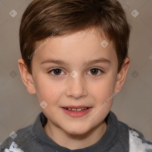 Joyful white child male with short  brown hair and brown eyes