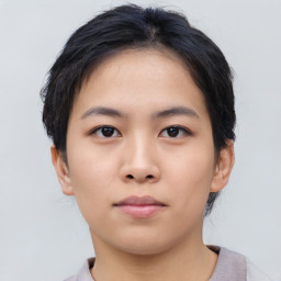 Neutral asian young-adult female with short  black hair and brown eyes