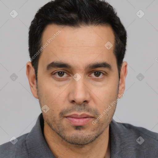 Neutral white adult male with short  black hair and brown eyes