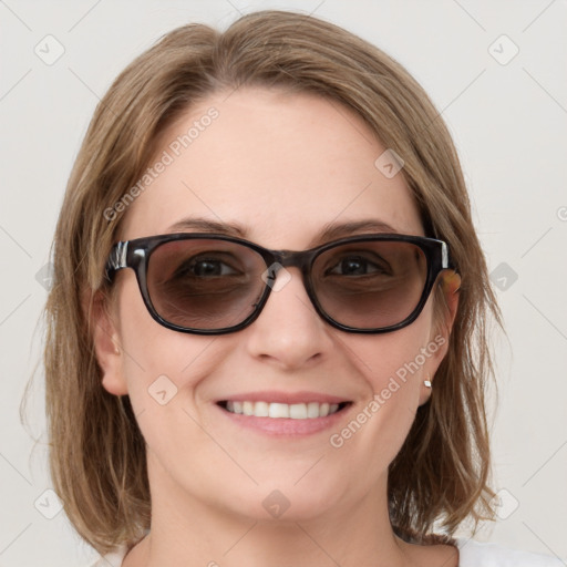 Joyful white young-adult female with medium  brown hair and blue eyes