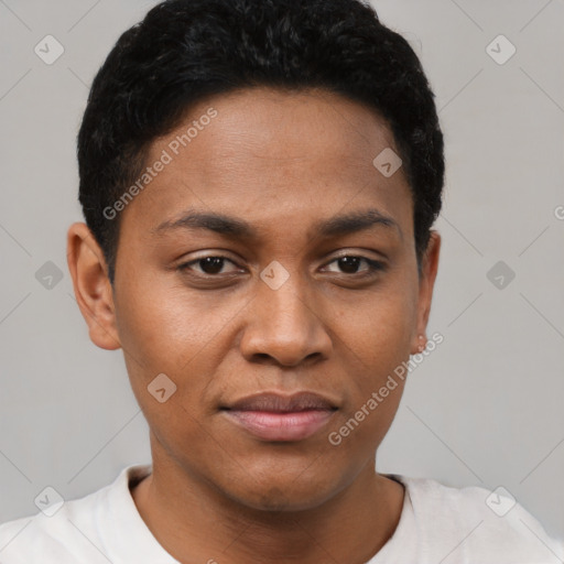 Joyful latino young-adult female with short  brown hair and brown eyes