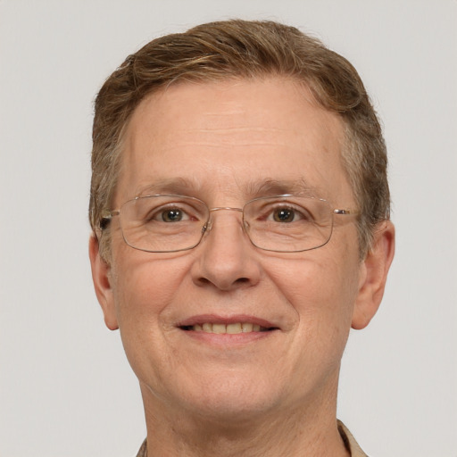 Joyful white middle-aged male with short  brown hair and grey eyes