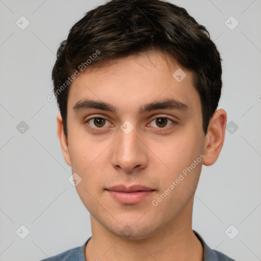 Neutral white young-adult male with short  brown hair and brown eyes