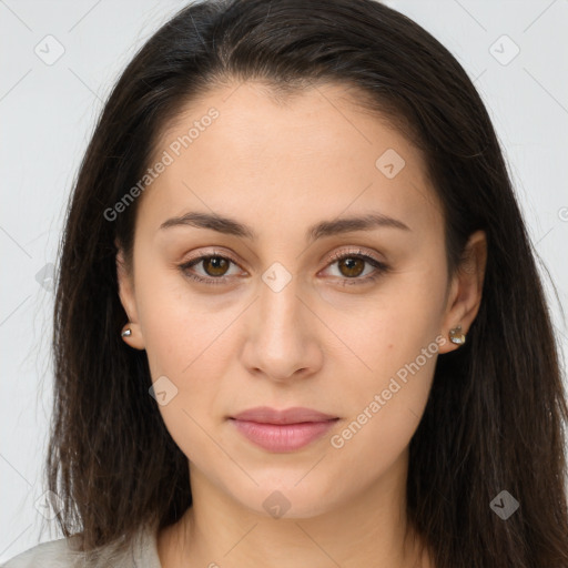 Joyful white young-adult female with long  brown hair and brown eyes