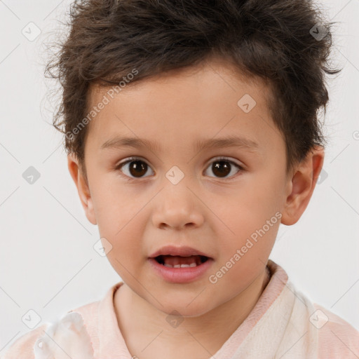 Joyful white child male with short  brown hair and brown eyes