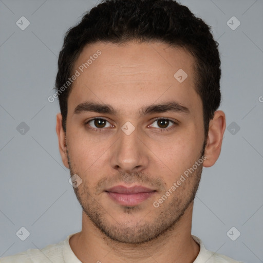 Neutral white young-adult male with short  brown hair and brown eyes