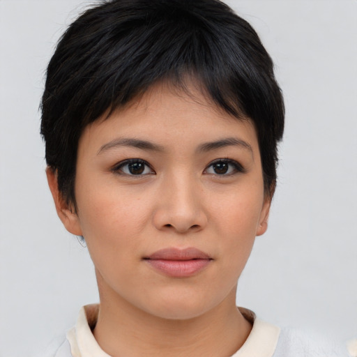 Neutral asian young-adult female with short  brown hair and brown eyes
