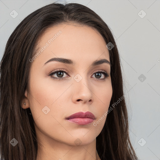 Neutral white young-adult female with long  brown hair and brown eyes