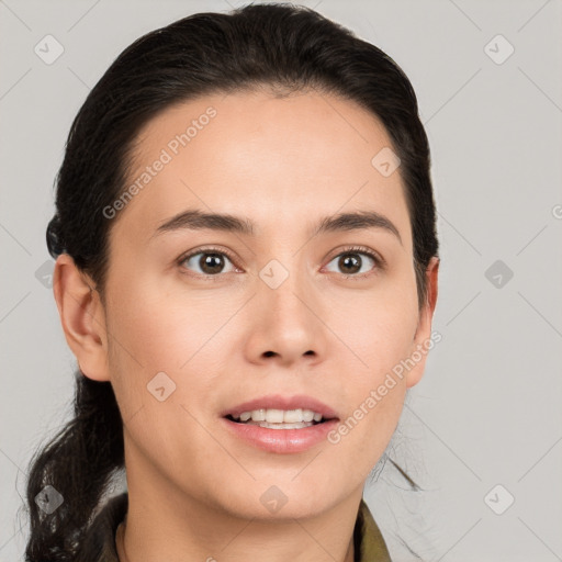 Joyful white young-adult female with long  brown hair and brown eyes