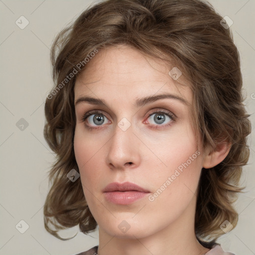 Neutral white young-adult female with medium  brown hair and grey eyes