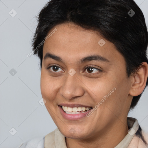 Joyful white young-adult female with medium  brown hair and brown eyes