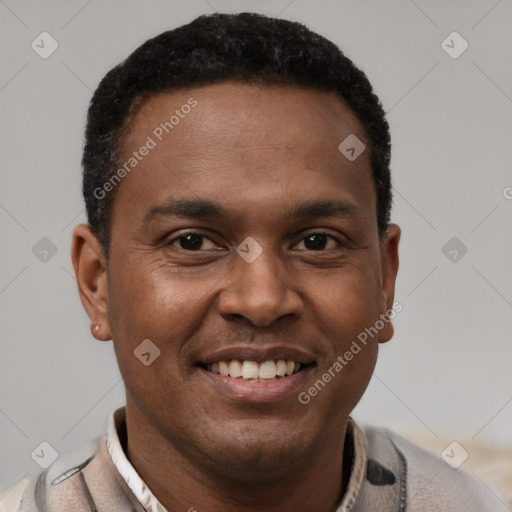 Joyful latino young-adult male with short  brown hair and brown eyes