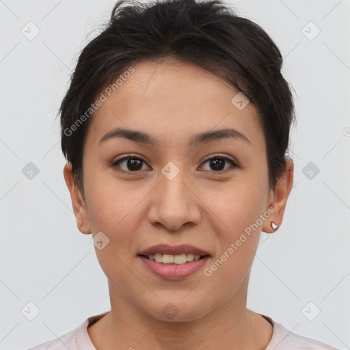 Joyful asian young-adult female with short  brown hair and brown eyes