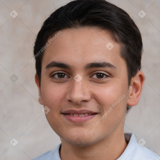 Joyful white young-adult male with short  brown hair and brown eyes