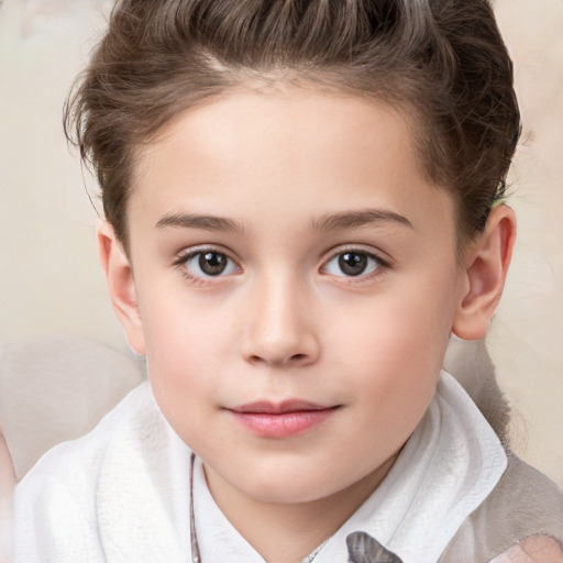 Joyful white child female with short  brown hair and brown eyes