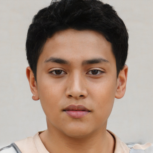 Neutral latino young-adult male with short  black hair and brown eyes