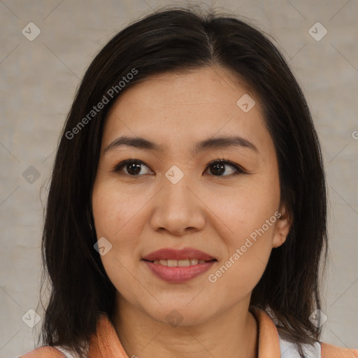 Joyful asian young-adult female with medium  brown hair and brown eyes
