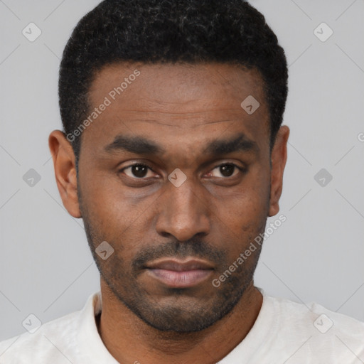 Neutral black young-adult male with short  black hair and brown eyes