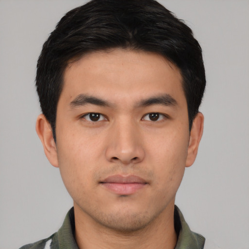 Neutral asian young-adult male with short  black hair and brown eyes