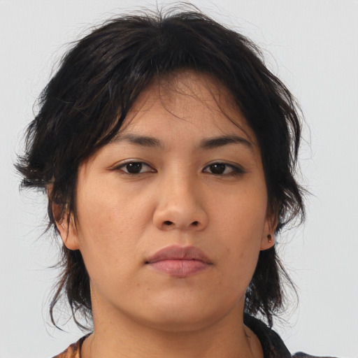 Neutral asian young-adult female with medium  brown hair and brown eyes