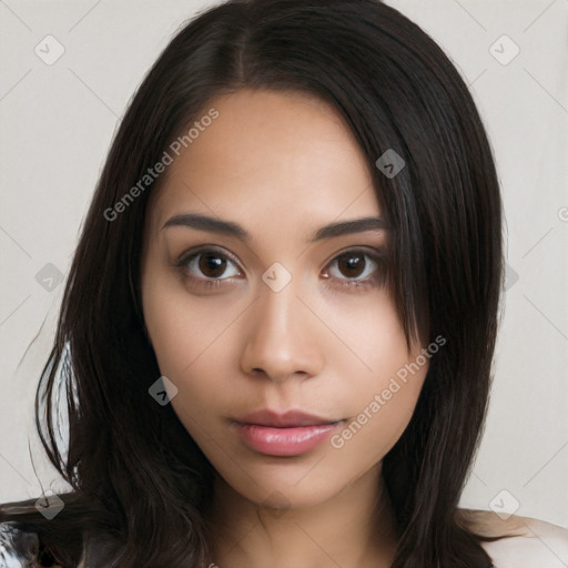 Neutral white young-adult female with medium  black hair and brown eyes